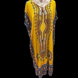 Seven Islands Vibrant Yellow and Blue Kaftan Dress caftan Mumu ethnic S/M Breezy